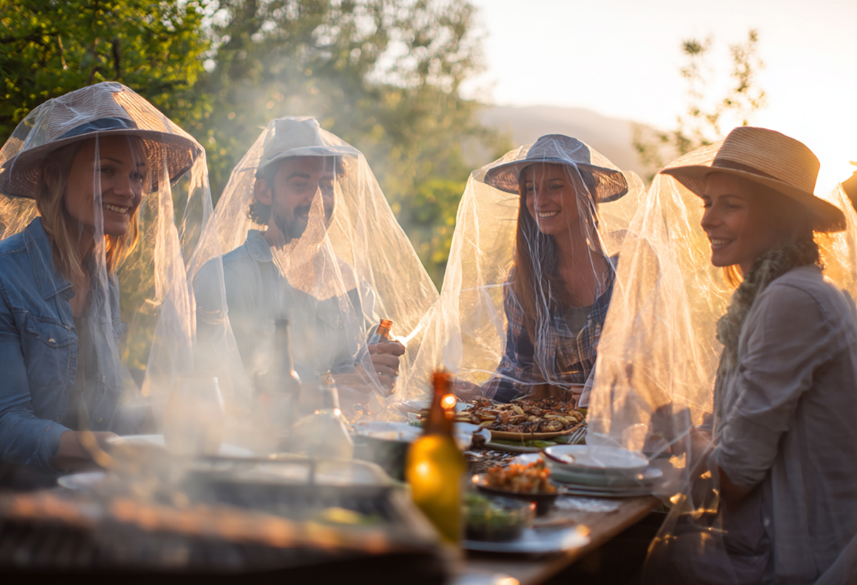 Freunde sitzen beim Grillabend am Tisch und tragen Hüte mit Moskitonetzen über dem Kopf als improvisierten Insektenschutz.